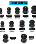 IP68 Waterproof Cable Gland Kit 100Pcs Nylon Glands Assortment with Adjustable NPT 1/4 to 1 and PG7 to PG19 sizes shown