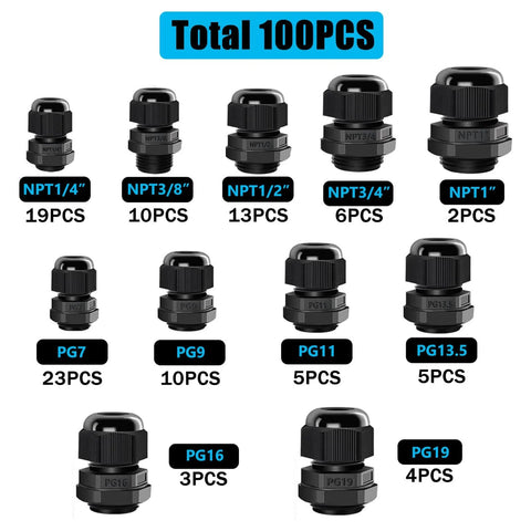 IP68 Waterproof Cable Gland Kit 100Pcs Nylon Glands Assortment with Adjustable NPT 1/4 to 1 and PG7 to PG19 sizes shown