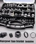 IP68 Waterproof Cable Gland Kit 100Pcs Nylon Glands Assortment in box with different sizes of black cable glands and gaskets