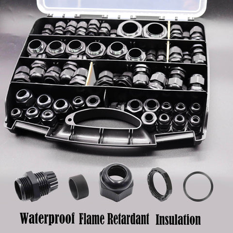 IP68 Waterproof Cable Gland Kit 100Pcs Nylon Glands Assortment in box with different sizes of black cable glands and gaskets