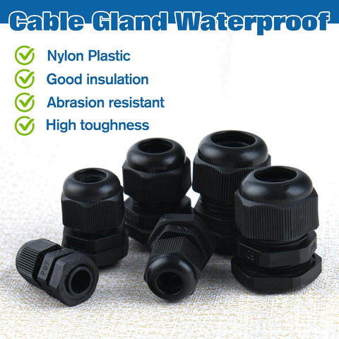Waterproof Nylon Cable Gland Kit With 50 Pieces, 3-16 mm Range, IP68 Plastic Glands; shown in black, various sizes.