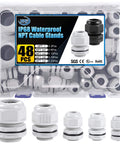 Nylon IP68 Waterproof NPT Cable Glands Set, 48 Pieces, Saltwater Ready, Heavy Duty Sizes, Gray