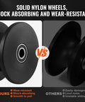 Comparison of solid nylon wheels, shock-absorbing and wear-resistant, part of the Sliding Gate Kit Rolling Gate Hardware with H Shaped Wheel Groove for Cantilever Sliding Gates and Rolling Doors Heavy Duty Steel Bracket with 4 Track Wheels Smooth Quiet Nylon Rollers Black