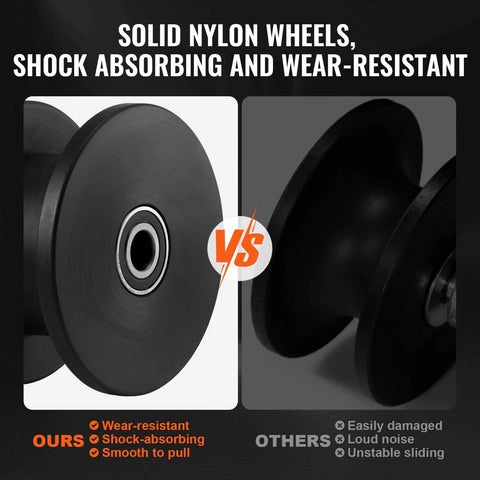 Comparison of solid nylon wheels, shock-absorbing and wear-resistant, part of the Sliding Gate Kit Rolling Gate Hardware with H Shaped Wheel Groove for Cantilever Sliding Gates and Rolling Doors Heavy Duty Steel Bracket with 4 Track Wheels Smooth Quiet Nylon Rollers Black