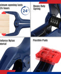 Close-up of Eight Piece Clamp Set for Woodworking with reinforced nylon material and flexible pads