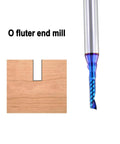 5PCS CNC Router Bits Set 1/4 inch Shank Spiral Carbide End Mill showing O flute bit with sample wood groove