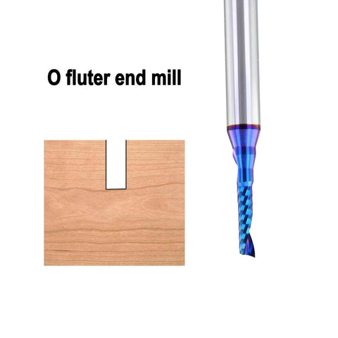 5PCS CNC Router Bits Set 1/4 inch Shank Spiral Carbide End Mill showing O flute bit with sample wood groove
