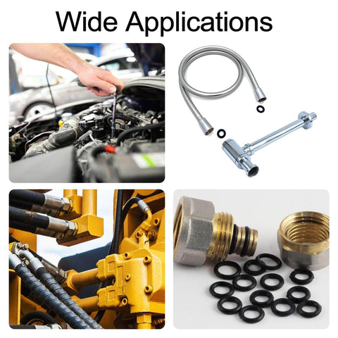 Must Have 400 Piece Rubber O Ring Assortment Set With 24 Sizes for automotive repair, plumbing, hoses, shown in various applications.