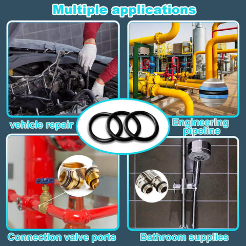 Image showing multiple applications of O Ring Assortment Kit With 32 Sizes And 1540 Rubber Seals in automotive and plumbing.