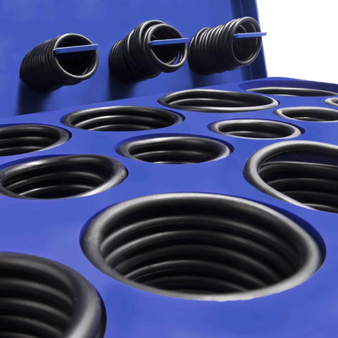 Close-up of Ultimate Universal O Ring Kit Pro Grade With SAE And Metric Sizes 407 Pieces in blue box, showing various rings.