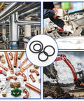 Collage showing plumbing, automotive, construction, and O-rings for Universal O-Ring Kit With 32 Standard USA Sizes, 407-Piece Buna-N NBR.