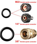 Replacement O Ring Kit For Pressure Washers And Quick Connect Couplers, showing 1/4", 3/8", and M22 female connectors and O-rings.