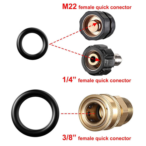 Replacement O Ring Kit For Pressure Washers And Quick Connect Couplers, showing 1/4", 3/8", and M22 female connectors and O-rings.