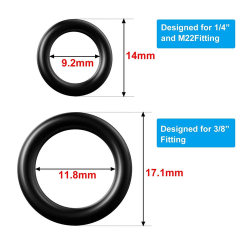 Replacement O Ring Kit For Pressure Washers And Quick Connect Couplers, 50 Pieces In Two Sizes, close-up of two O-rings with sizes.