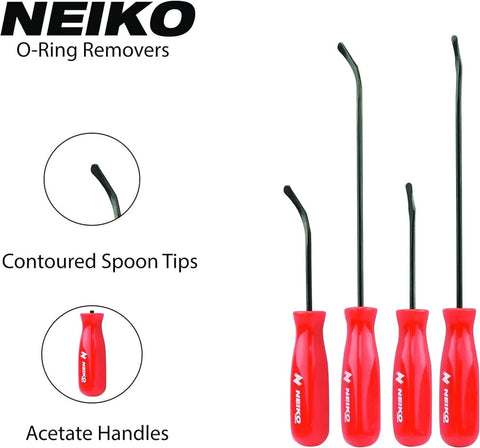 O Ring Pick Set, 4 Piece Auto Seal Puller And Hook Tool Kit For O Rings with red acetate handles and curved tips for seal removal