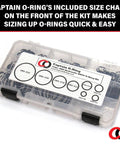 O Ring Seal Kit For Hydraulic ORS ORFS Flat Face Fittings With Buna 90 Durometer O Rings Includes Eight Sizes From Quarter Inch To One And A Half Inch For Flat Face Seals BN90 180 Piece Set, showing size chart on case lid.