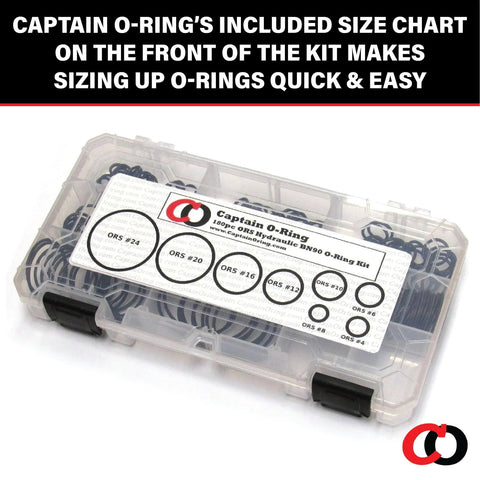 O Ring Seal Kit For Hydraulic ORS ORFS Flat Face Fittings With Buna 90 Durometer O Rings Includes Eight Sizes From Quarter Inch To One And A Half Inch For Flat Face Seals BN90 180 Piece Set, showing size chart on case lid.