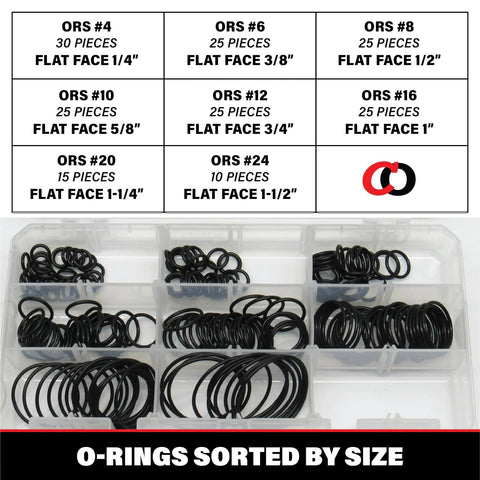 O Ring Seal Kit For Hydraulic ORS ORFS Flat Face Fittings With Buna 90 Durometer O Rings Includes Eight Sizes, 180 pieces