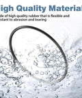 Three Pack O Ring Replacement Seals For Your Home Reverse Osmosis Housings Fits Three Point Five Inch OD Filtration Housings Compatible With Essence And Ultimate RO Systems Made Of Flexible Nitrile Rubber For No Drip Leak Proof Durable Water Filter Seals shown in water with text emphasizing high quality rubber.