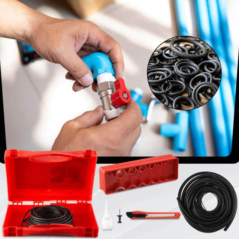 Buna N All In One O Ring Splicing Kit With 70A Nitrile Rubber O Ring Cord Kit Including 9 Sizes Rubber Strips Cutting Block Knife Glue Clamp Gloves For Automotive Hydraulic Plumbing Scuba Repair image showing tools and o-ring application