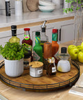 Walnut Wood 18 Inch Lazy Susan Turntable Organizer For Cabinet And Countertop with condiments on kitchen countertop
