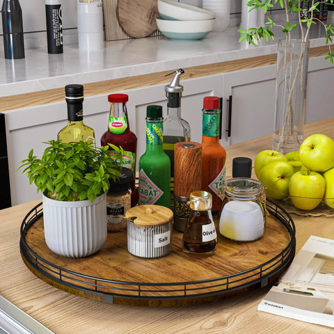 Walnut Wood 18 Inch Lazy Susan Turntable Organizer For Cabinet And Countertop with condiments on kitchen countertop