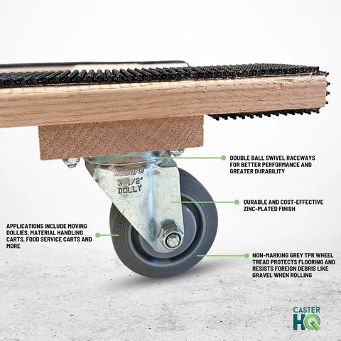 Close-up of 3.5 inch rubber wheel of American Made Solid Oak H Frame Furniture Dolly For Moving Heavy Loads 18 By 30 Inches with labels