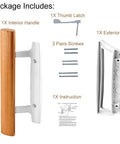 Package contents of Mortise Style Reversible Sliding Patio Door Handle Set With Oak Wood Interior Handle And Exterior Pull In White Diecast Finish