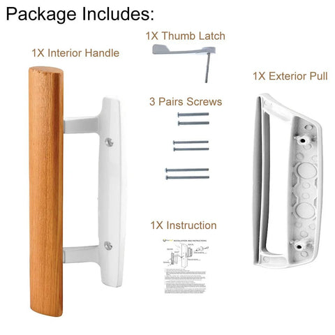 Package contents of Mortise Style Reversible Sliding Patio Door Handle Set With Oak Wood Interior Handle And Exterior Pull In White Diecast Finish