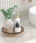 9 Inch Oak Wood Lazy Susan Turntable Organizer for Cabinets and Tables with toiletries on bathroom countertop