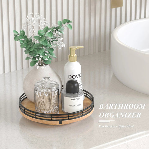 9 Inch Oak Wood Lazy Susan Turntable Organizer for Cabinets and Tables with toiletries on bathroom countertop