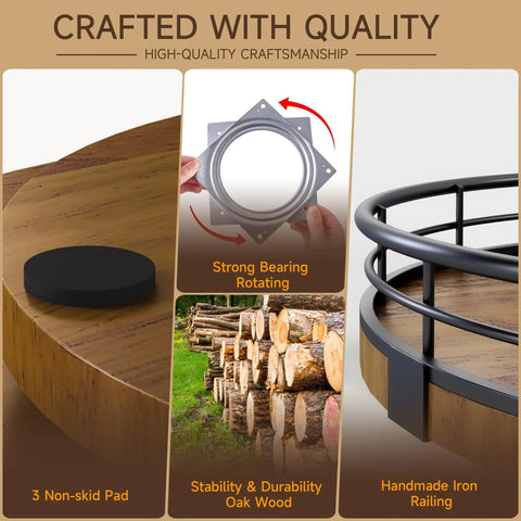 Walnut Wood 18 Inch Lazy Susan Turntable Organizer details showing non-skid pad, steel bearing, oak wood stability, and iron railing