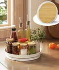 Two Pack 10 Inch Lazy Susan Turntable For Cabinets And Tables Perfect For Kitchen Pantry Refrigerator Storage Rotating Spice Organizer With Oak Finish Durable Melamine Surface Easy To Clean 360 Degree Spin For Decluttering And Accessibility displaying on kitchen table with spices
