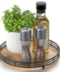 9 Inch Oak Wood Lazy Susan Turntable Organizer For Cabinets And Tables with spices, plant, and oil bottle, rustic farmhouse style
