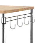 Close-up of Heavy Duty 3 Tier Rolling Kitchen Cart Workhorse with oak wood top, chrome hooks for utensils, part of 300 lb total capacity cart.