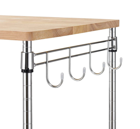 Close-up of Heavy Duty 3 Tier Rolling Kitchen Cart Workhorse with oak wood top, chrome hooks for utensils, part of 300 lb total capacity cart.