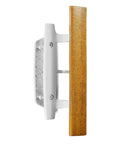 Side view of Mortise Style Reversible Sliding Patio Door Handle Set With Oak Wood Interior Handle And Exterior Pull In White Diecast Finish