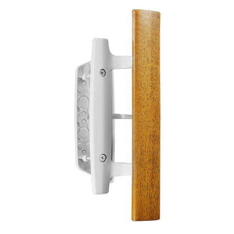 Side view of Mortise Style Reversible Sliding Patio Door Handle Set With Oak Wood Interior Handle And Exterior Pull In White Diecast Finish