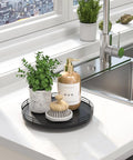 10 Inch Oak Wood Lazy Susan Turntable Organizer on kitchen countertop with plant and soap, black finish, ideal for decor organization