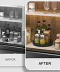 Before and after cabinet with 10 Inch Oak Wood Lazy Susan Turntable Organizer, showcasing spice and bottle arrangement with black finish.