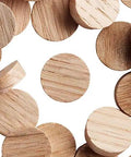 Image showing three quarters inch oak wood plugs with face grain for three quarters inch holes in tables chairs and cabinets flathead tapered wood plugs you can sand stain or paint includes twenty five plugs for DIY woodworking projects