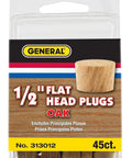 FSC Ethically Sourced Oak 1/2-Inch Flat Head Wood Plugs, 45-Pack packaging with plug image shown on label.