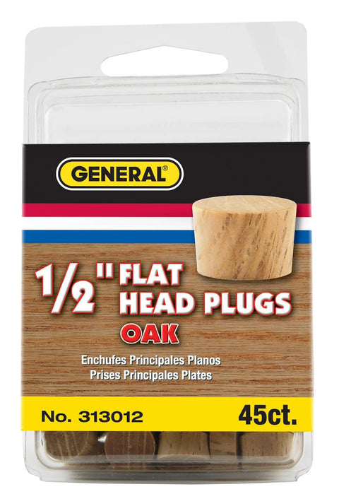 FSC Ethically Sourced Oak 1/2-Inch Flat Head Wood Plugs, 45-Pack packaging with plug image shown on label.