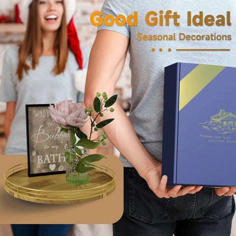 Gift box and floral decor on 13 Inch Round Wooden Lazy Susan Turntable Organizer For Cabinet And Pantry Storage on table