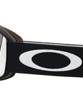 Side view of Oakley Flight Deck Ski Goggles Matte Black With Prizm Black Iridium Lens, showing logo and strap design.