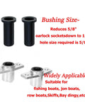 Oar Lock Bushing Insert For Boat Oar Lock Socket Converts Five Eighths Inch To Half Inch One And Five Eighths Inches Long Inside Diameter Half Inch Outside Diameter Five Eighths Inch Eight Pack shown with sizing information and socket adapters suitable for various boats.