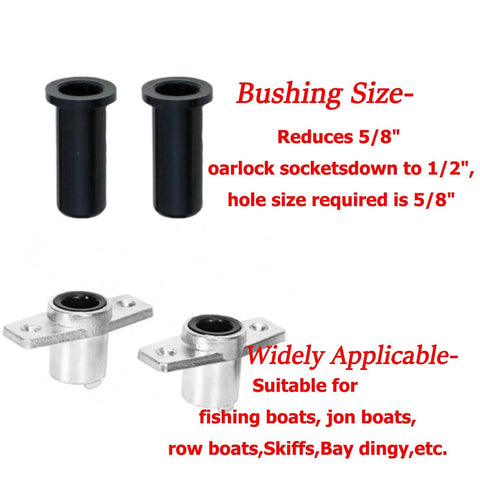 Oar Lock Bushing Insert For Boat Oar Lock Socket Converts Five Eighths Inch To Half Inch One And Five Eighths Inches Long Inside Diameter Half Inch Outside Diameter Five Eighths Inch Eight Pack shown with sizing information and socket adapters suitable for various boats.
