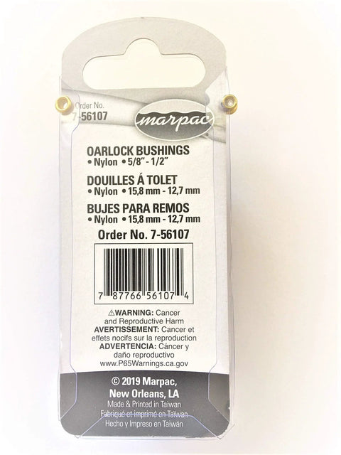 Package of Oarlock Bushings For Boats 5/8 To 1/2 Inch Nylon Black 7-56107 Replacement Part with specifications and barcode