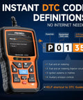 OBD2 Scanner With Live Data And Diagnostics For Check Engine Light DTC Retrieval Readiness Status MIL Reset Vehicle VIN Readout And Monitors For Professional Mechanics And Auto Technicians showing DTC code display.