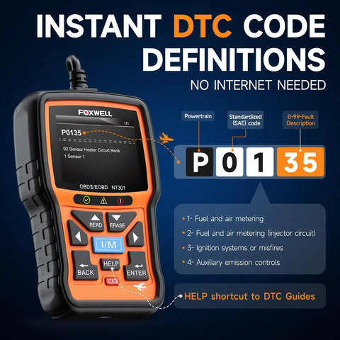 OBD2 Scanner With Live Data And Diagnostics For Check Engine Light DTC Retrieval Readiness Status MIL Reset Vehicle VIN Readout And Monitors For Professional Mechanics And Auto Technicians showing DTC code display.